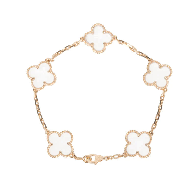 PULSERA DIANA CLOVER DE ORO ROSA CON CRISTAL DE ROCA Y 5 MOTIVOS