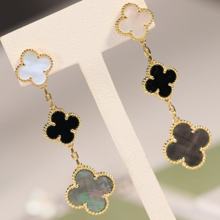 DIANA CLOVER EARRINGS GOLD ONYX MOP 3 MOTIF