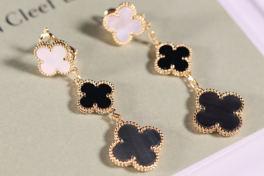 DIANA CLOVER EARRINGS GOLD ONYX MOP 3 MOTIF