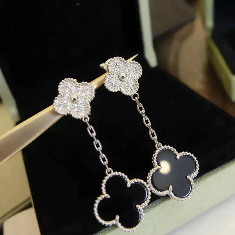 DIANA CLOVER 2 MOTIFS DIAMOND ONYX EARRINGS SILVER