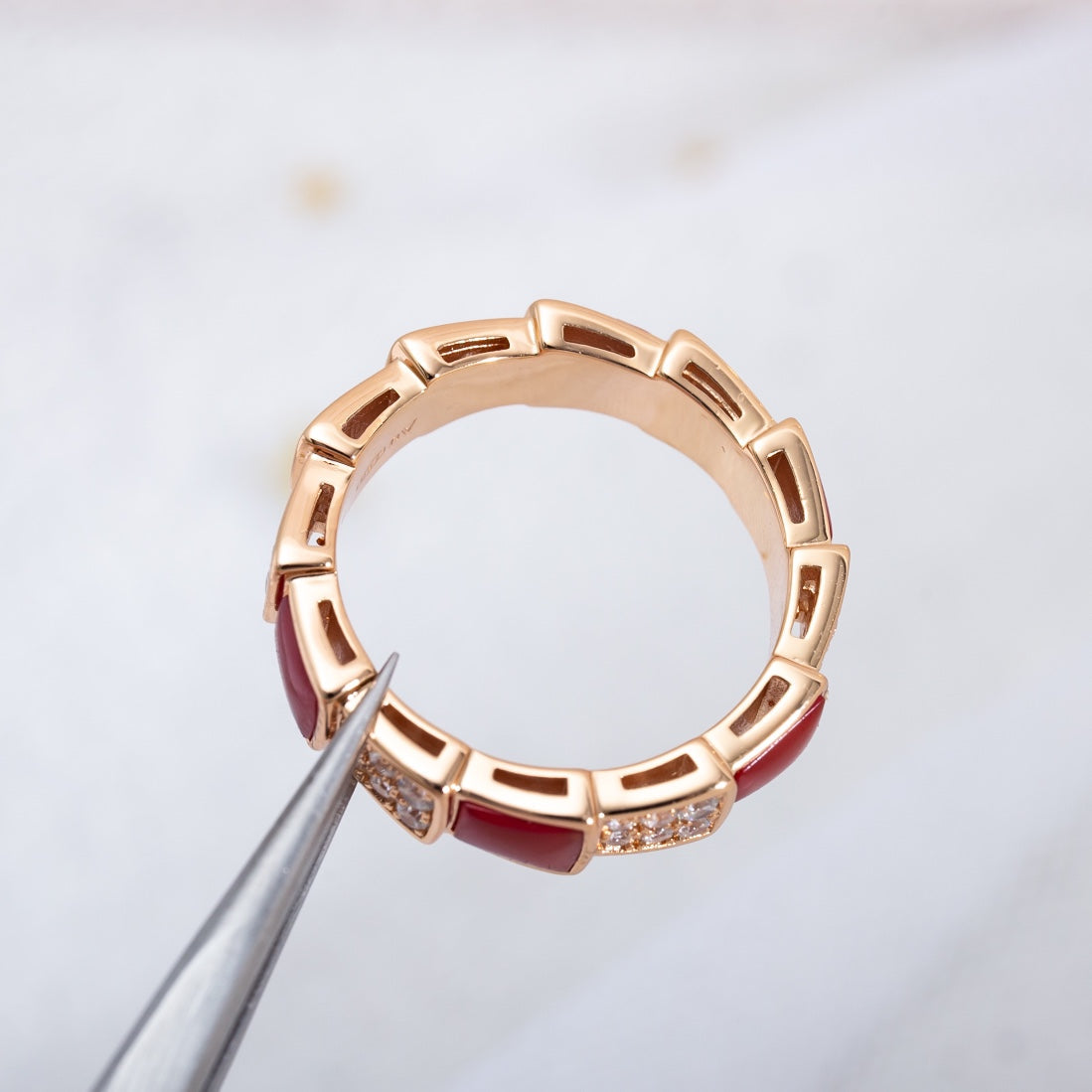 DIANA SERPENTI RING PINK GOLD CARNELIAN DIAMOND PAVED 4MM