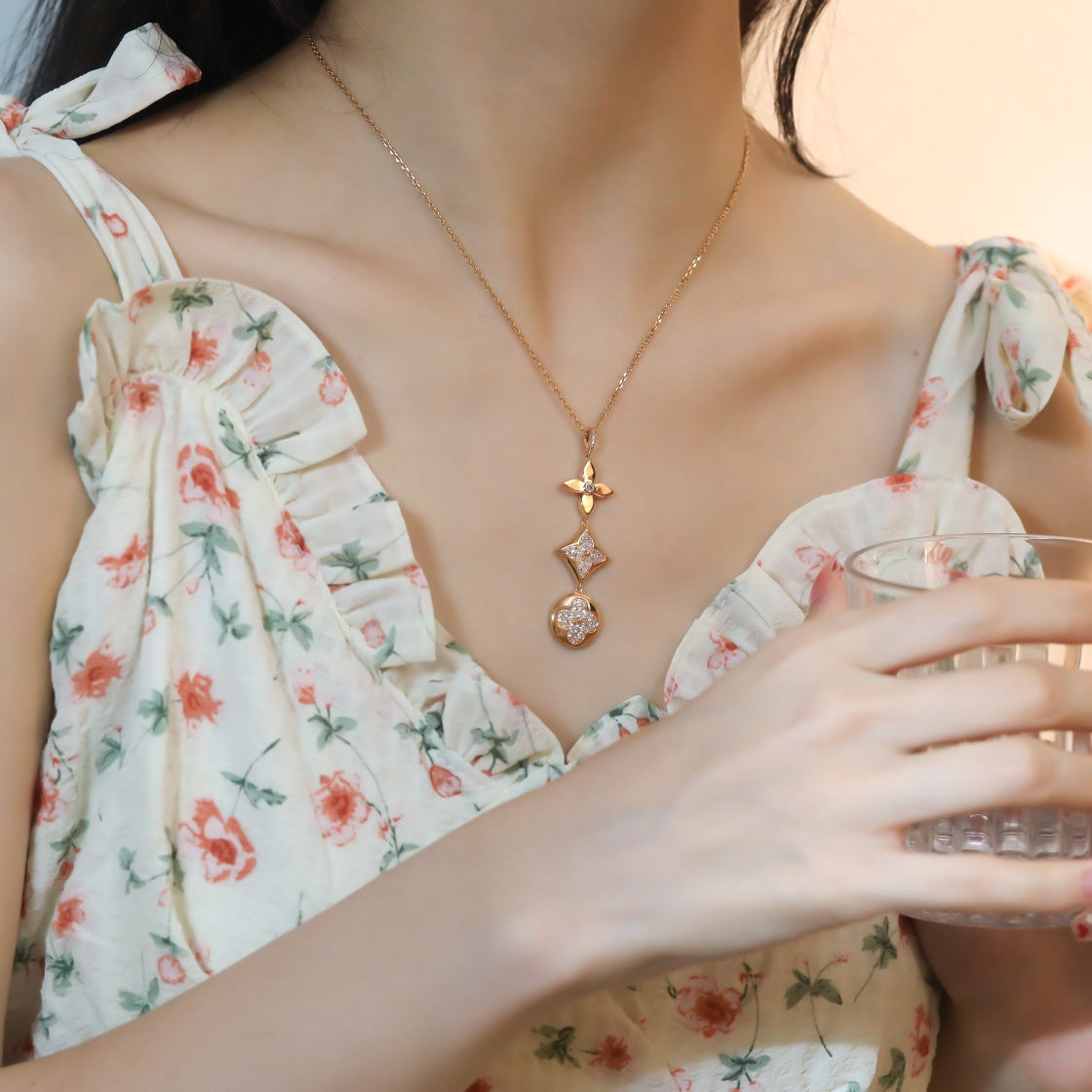 DIANA STAR AND SUN DIAMOND PINK GOLD NECKLACE