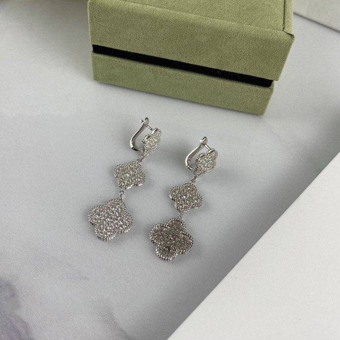 DIANA CLOVER 3 MOTIF DIAMOND SILVER DROP EARRINGS