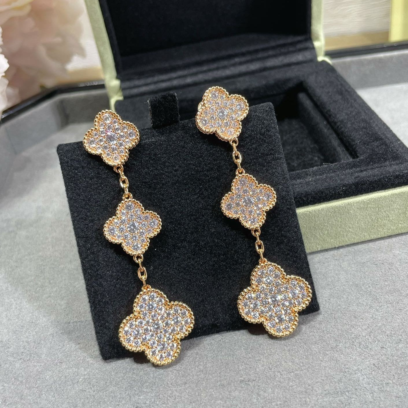 DIANA CLOVER 3 MOTIFS DIAMOND PAVED ROSE GOLD EARRINGS