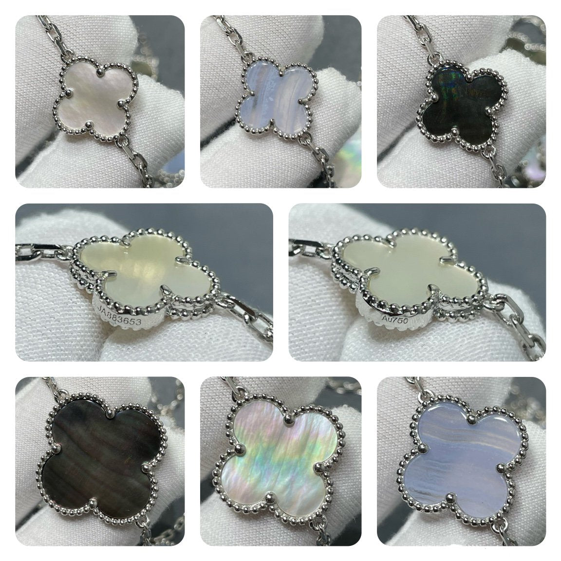COLLAR DE PLATA CON CALCEDONIA Y 16 MOTIVOS DE TRÉBOL DE DIANA