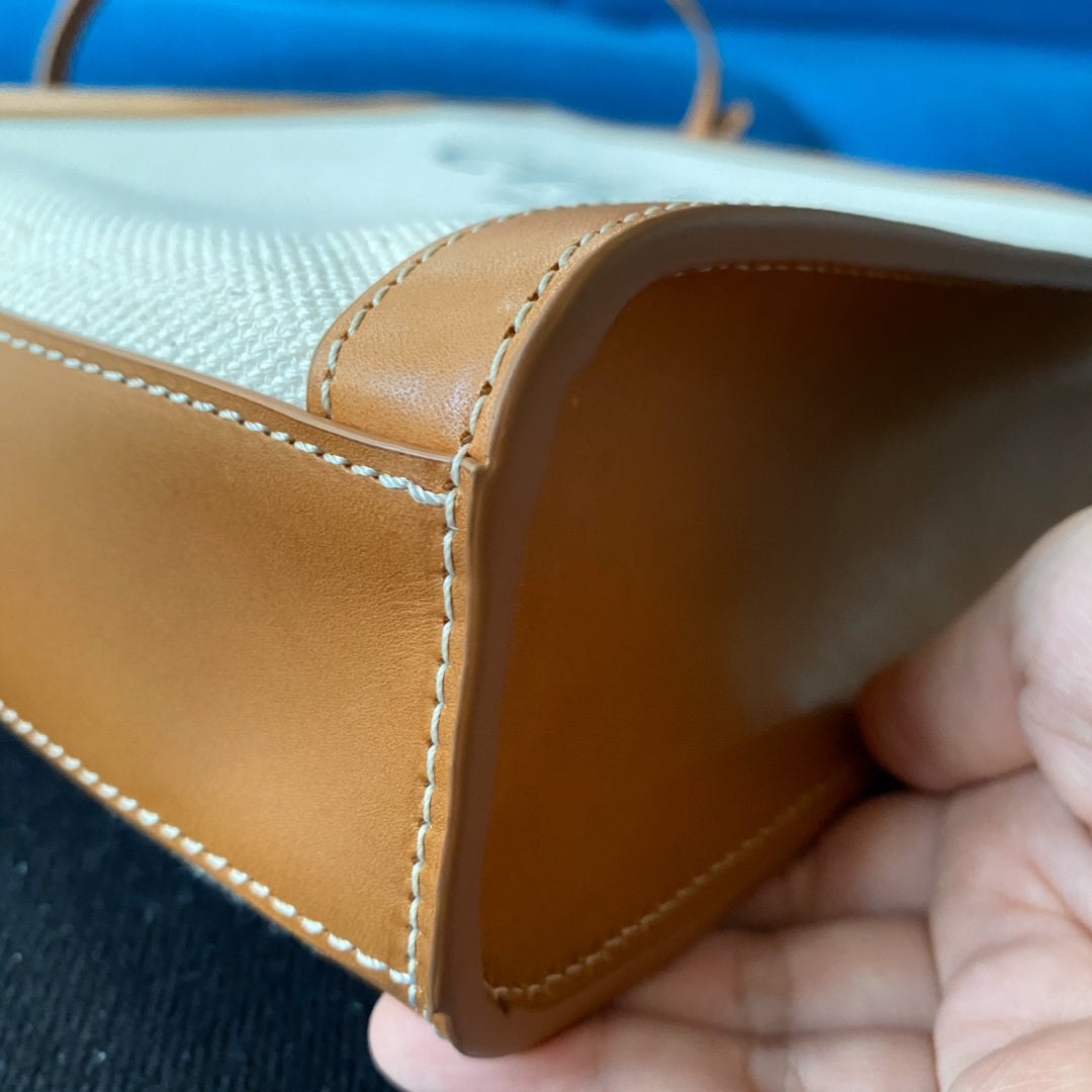 petit cabas vertical 28 cm toile beige cuir de veau tan