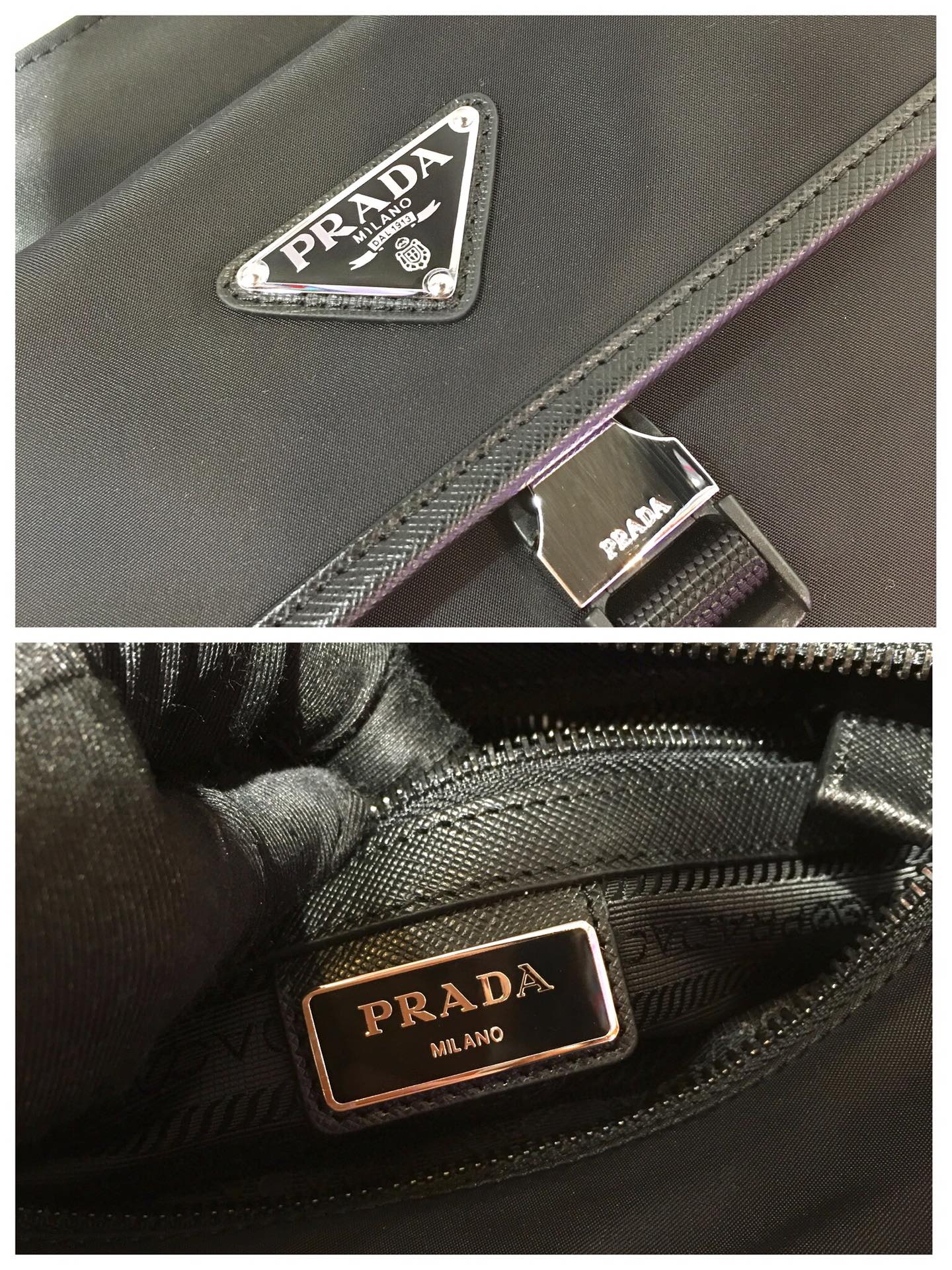 BOLSO BANDOLERA CON LOGO TRIÁNGULO 25 EN RE-NYLON NEGRO Y ADORNO DE PIEL SAFFIANO
