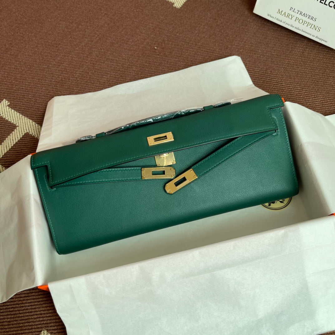 HM Kelly Cut 31cm Cuero Swift Verde Oscuro Ghw