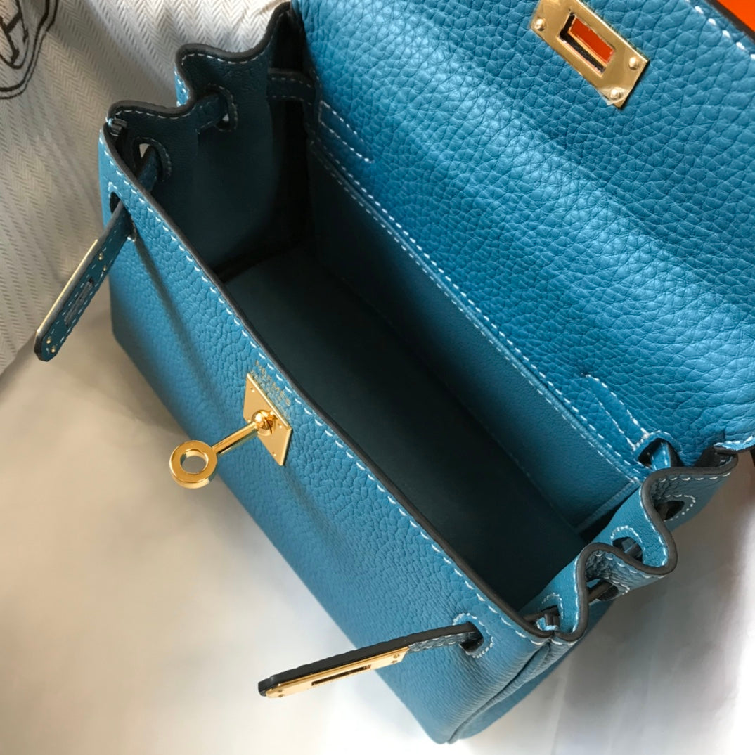 HM Mini Kelly 20cm Jean Azul Togo Cuero Herrajes Dorados
