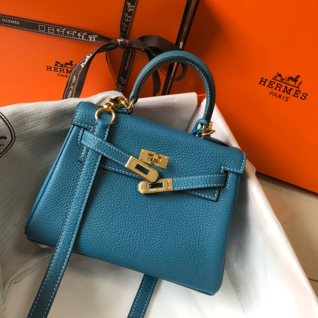 HM Mini Kelly 20cm Jean Azul Togo Cuero Herrajes Dorados