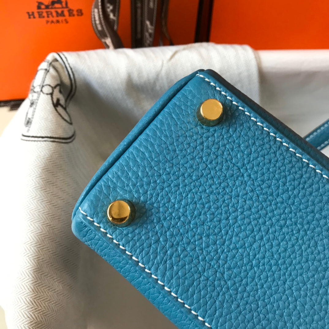 HM Mini Kelly 20cm Jean Azul Togo Cuero Herrajes Dorados