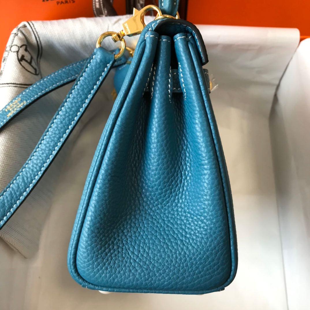 HM Mini Kelly 20cm Jean Azul Togo Cuero Herrajes Dorados