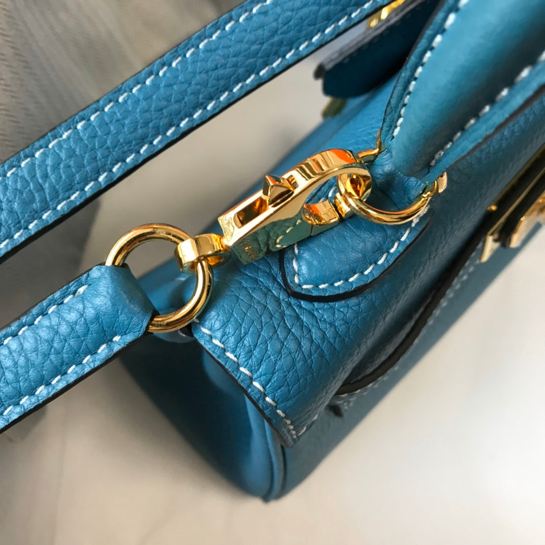 HM Mini Kelly 20cm Jean Azul Togo Cuero Herrajes Dorados