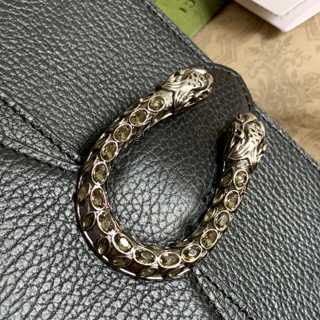 SAC À BANDOULIÈRE DYONYSUS 20 EN CUIR DE VEAU NOIR, QUINCAILLERIE ARGENTÉE