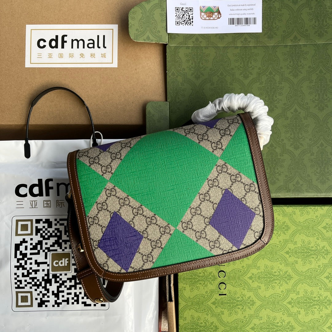 BOLSA DE ALFORJAS HORSEBIT 1955 25 EN LONA COLORIDA Y ADORNOS DE CUERO MARRÓN CON HERRAJES DORADOS