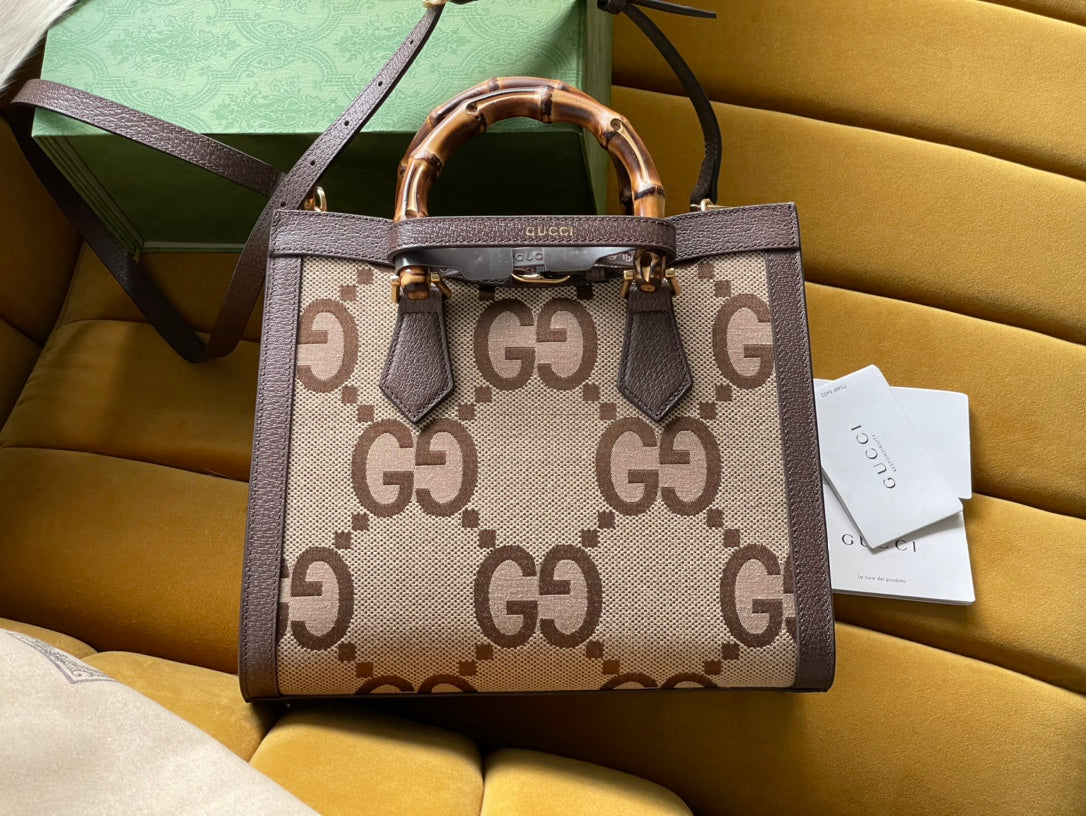 BOLSO TOTE MINI GG DIANA 27 DE LONA BEIGE Y PIEL DE BECERRO MARRÓN