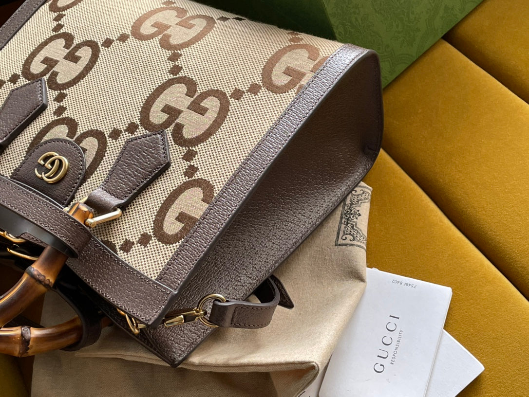 BOLSO TOTE MINI GG DIANA 27 DE LONA BEIGE Y PIEL DE BECERRO MARRÓN
