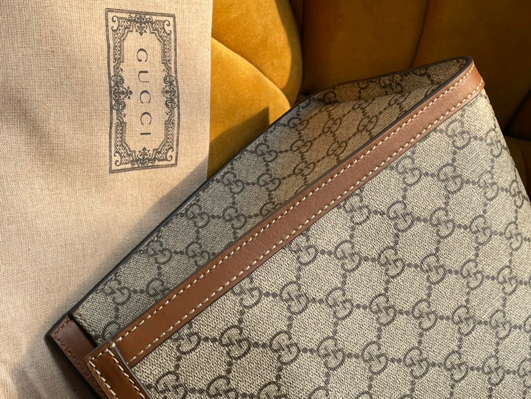 BOLSO DE HOMBRO GG PADLOCK GRANDE 35 DE LONA BEIGE Y PIEL DE BECERRO MARRÓN