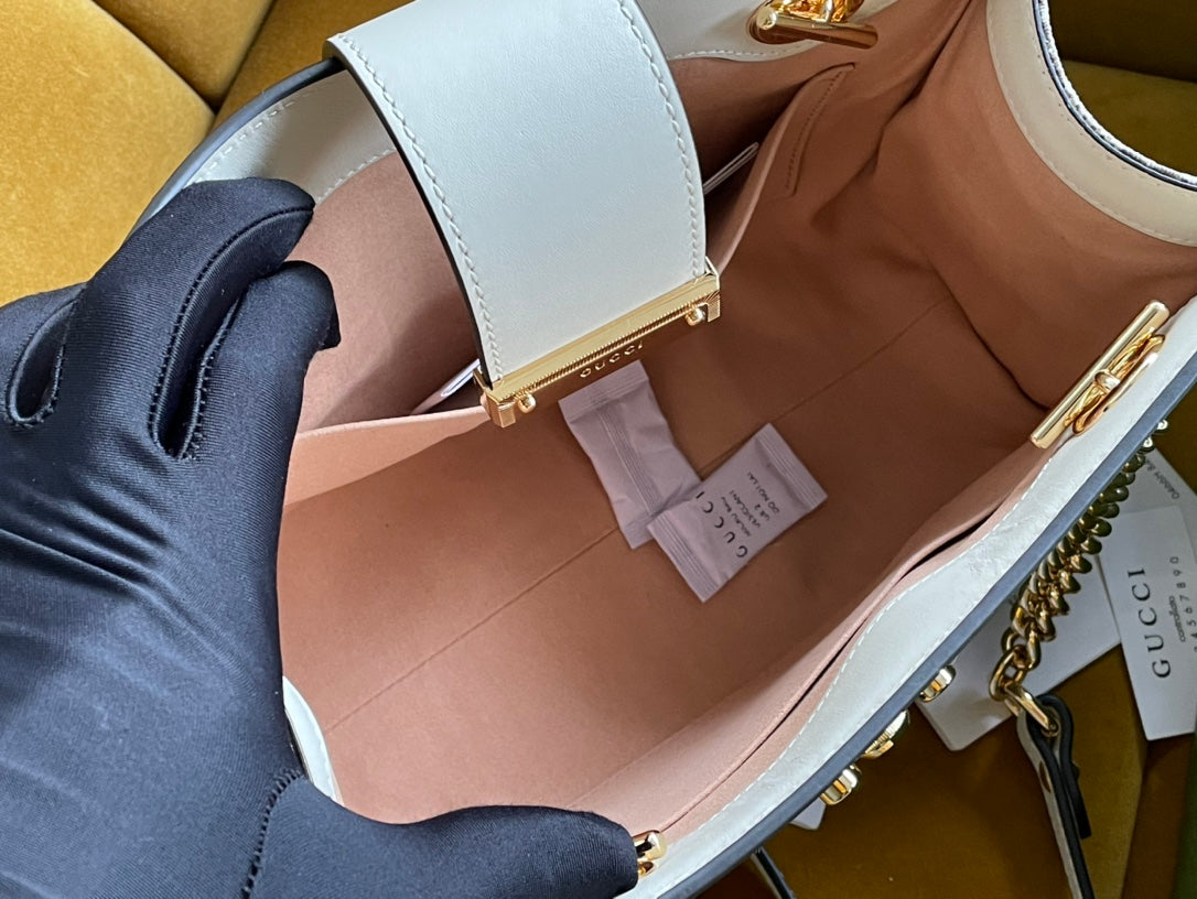 BOLSO DE HOMBRO GG PADLOCK MEDIANO 26 DE LONA BEIGE Y PIEL DE BECERRO BLANCA
