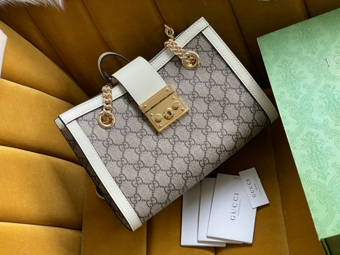 BOLSO DE HOMBRO GG PADLOCK MEDIANO 26 DE LONA BEIGE Y PIEL DE BECERRO BLANCA