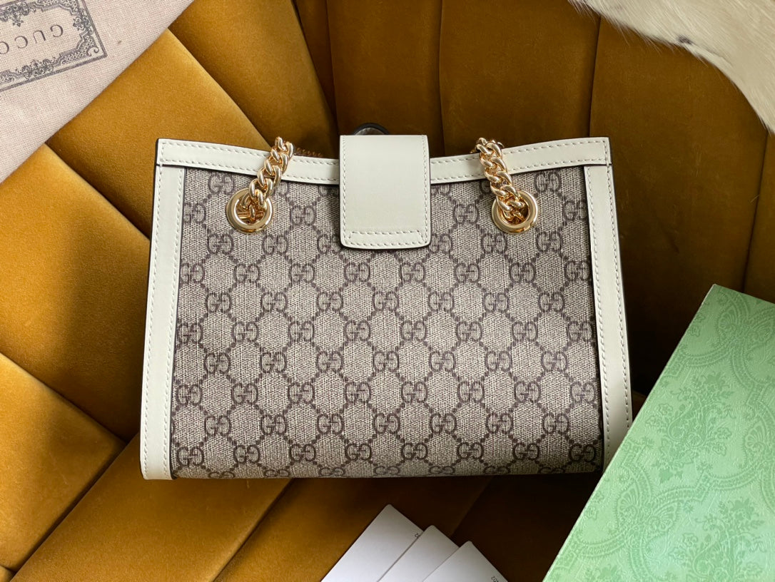 BOLSO DE HOMBRO GG PADLOCK MEDIANO 26 DE LONA BEIGE Y PIEL DE BECERRO BLANCA