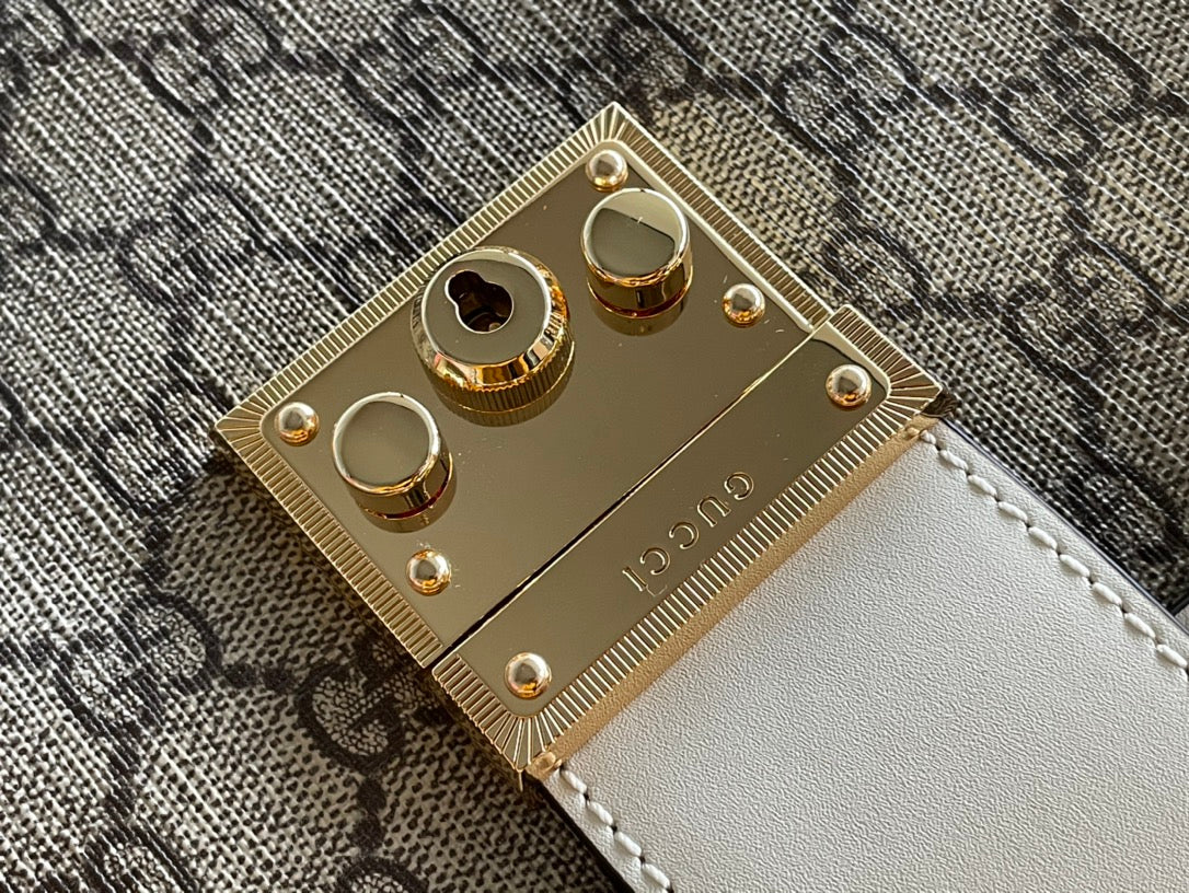 BOLSO DE HOMBRO GG PADLOCK MEDIANO 26 DE LONA BEIGE Y PIEL DE BECERRO BLANCA