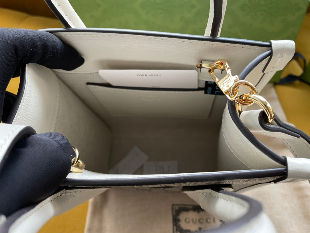 MINI SAC TOTE 20 EN TOILE BEIGE ET CUIR DE VEAU BLANC