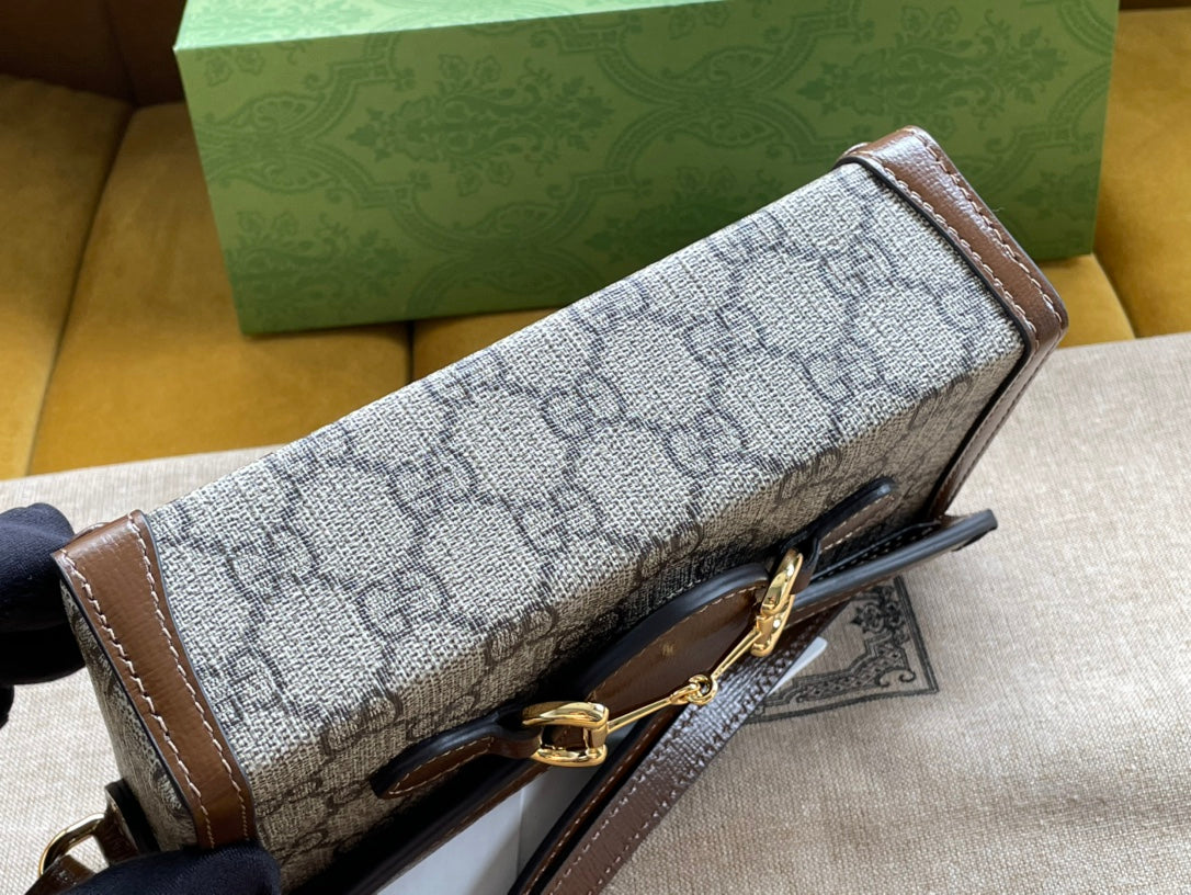 SAC MINI 18 GG HORSEBIT 1955 EN TOILE BEIGE ET CUIR DE VEAU MARRON