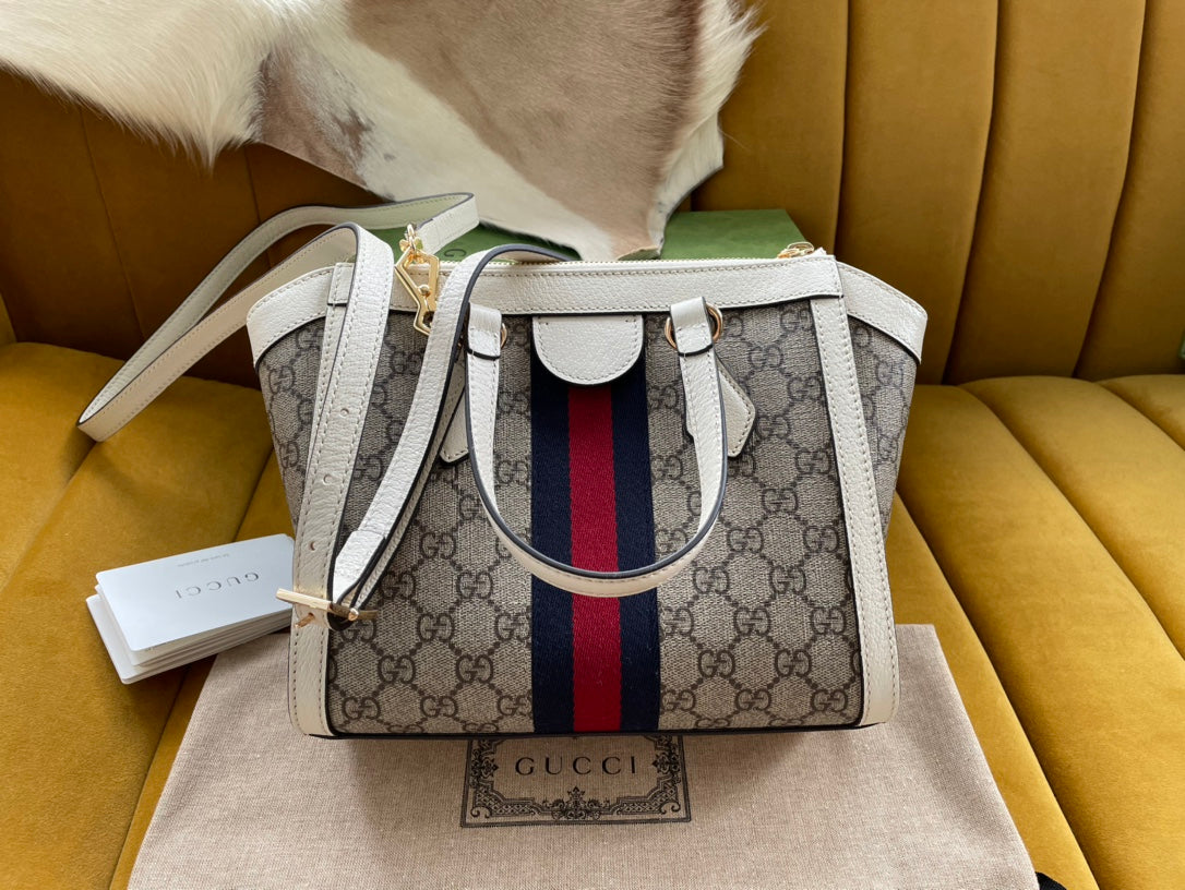 BOLSO TOTE GG OPHIDIA 24 DE LONA BEIGE Y PIEL DE BECERRO BLANCA