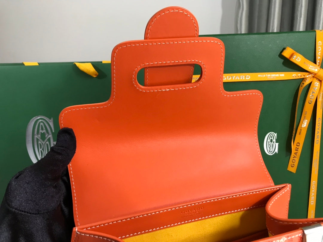 SAC SA?GON PM 28 EN TOILE GOYARDINE ROUGE ORANGE ET CUIR DE VEAU