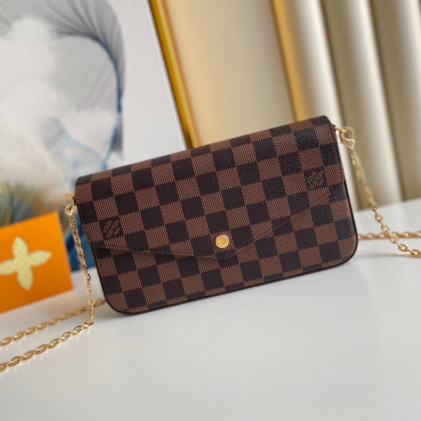 F¨¦LICIE POCHETTE 21 EN TOILE ENDUIT DAMIER EBENE MARRON QUINCAILLERIE OR