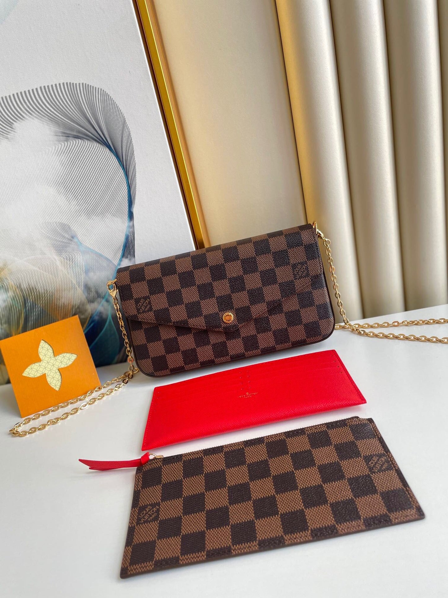 F¨¦LICIE POCHETTE 21 EN TOILE ENDUIT DAMIER EBENE MARRON QUINCAILLERIE OR