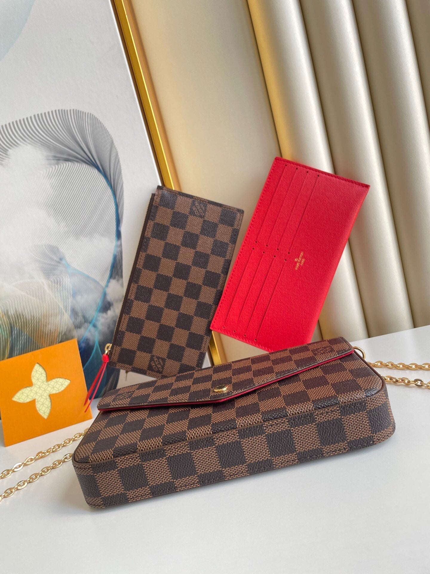 F¨¦LICIE POCHETTE 21 EN TOILE ENDUIT DAMIER EBENE MARRON QUINCAILLERIE OR