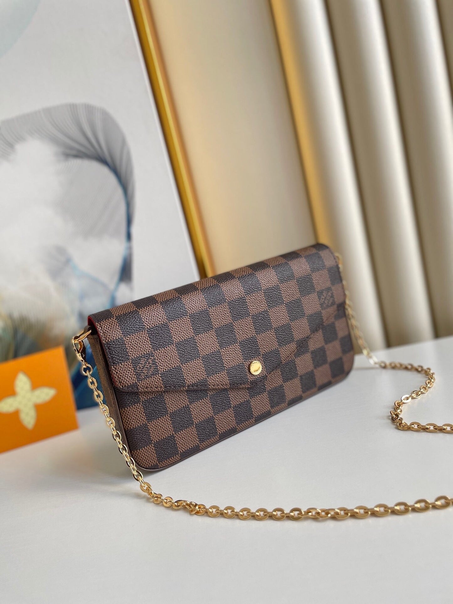 F¨¦LICIE POCHETTE 21 EN TOILE ENDUIT DAMIER EBENE MARRON QUINCAILLERIE OR