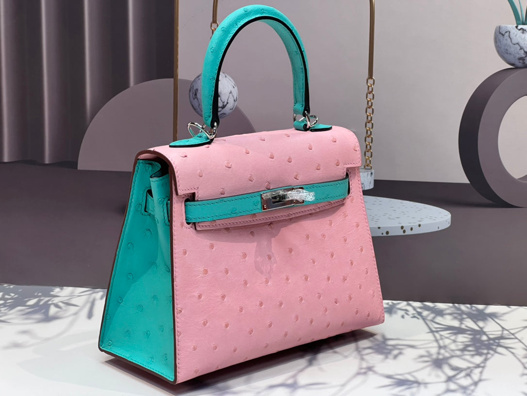KELLY BAG 20 IN FLAMINGO PINK MIX CYAN BLUE OSTRICH LEATHER WITH SILVER HARDWARE (MADE - TO - ODER)