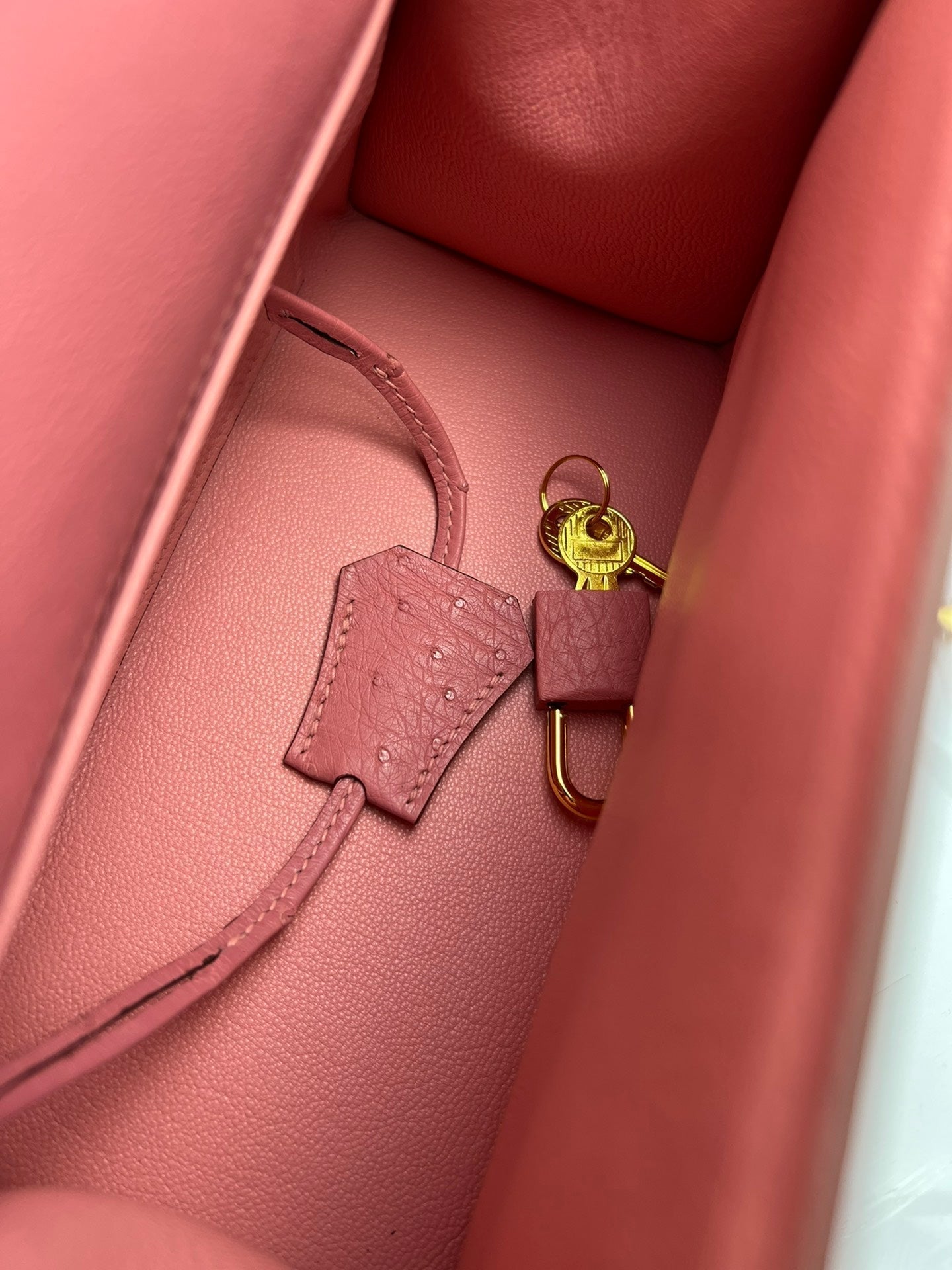 BOLSO KELLY 20 EN PIEL DE AVESTRUZ ROSA ROJO CON HERRAJES DORADOS (HECHO BAJO PEDIDO)