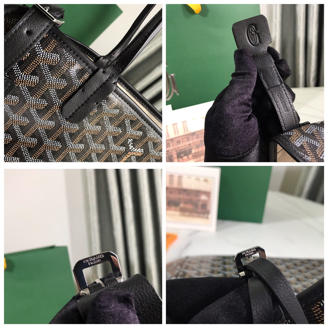 CHIEN GRIS BAG 33 IN BLACK GOYARDINE CANVAS AND TAN CALFSKIN TRIM