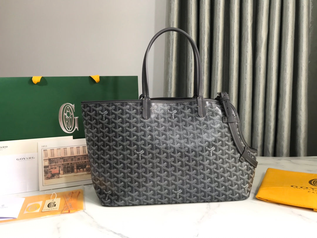 BOLSO CHIEN GRIS 33 EN LONA GOYARDINE GRIS NEGRA Y RIBETE DE PIEL DE BECERRO