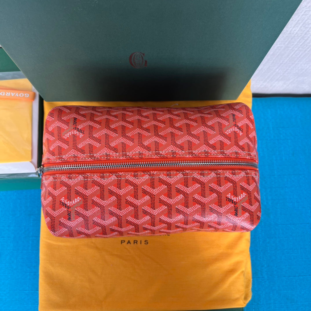 TROUSSE DE TOILETTE BOWLING 25 EN TOILE GOYARDINE ROUGE ORANGE ET CUIR DE VEAU