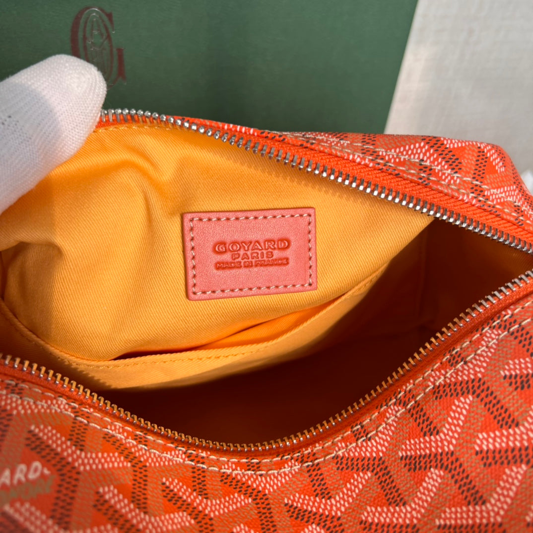 TROUSSE DE TOILETTE BOWLING 25 EN TOILE GOYARDINE ROUGE ORANGE ET CUIR DE VEAU