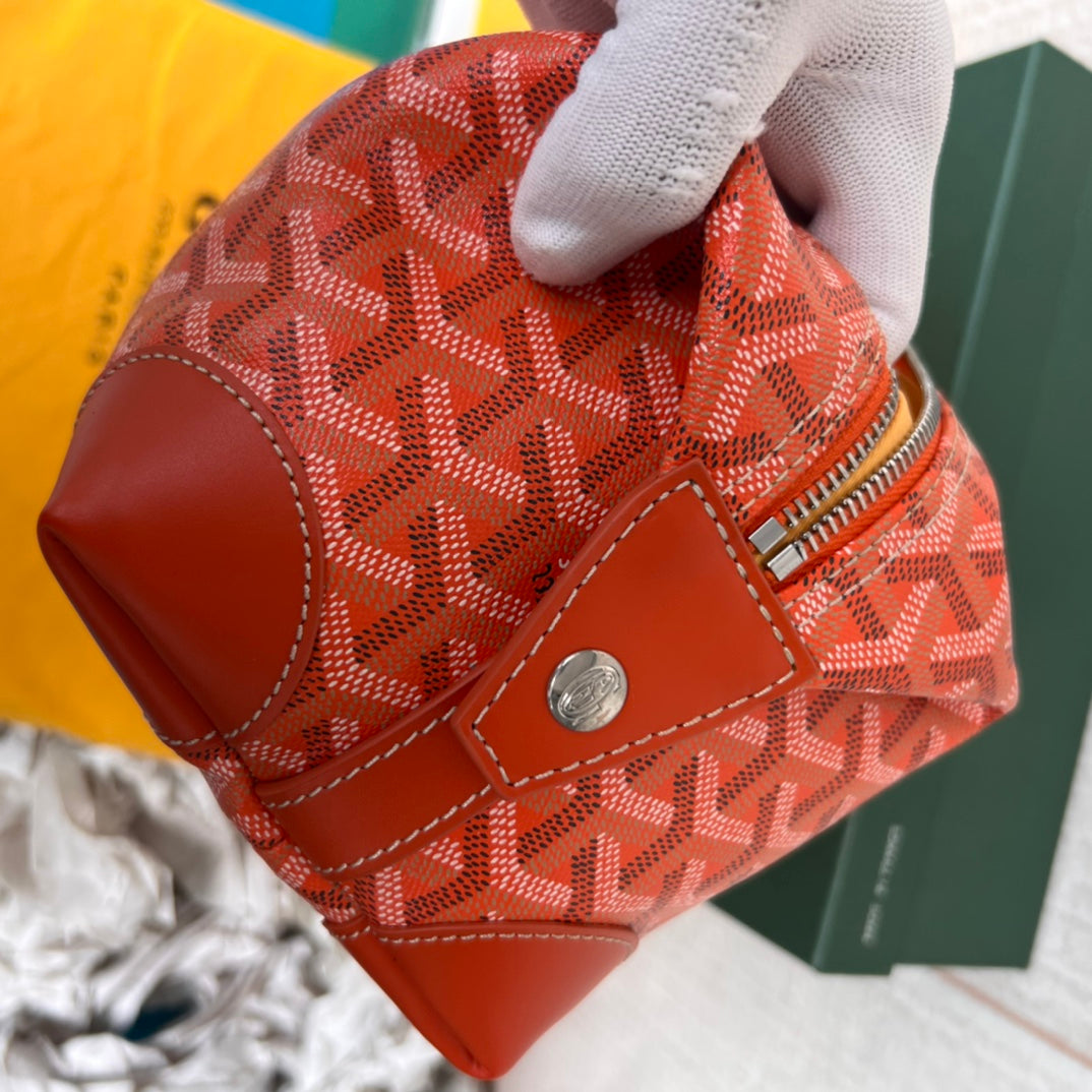 TROUSSE DE TOILETTE BOWLING 25 EN TOILE GOYARDINE ROUGE ORANGE ET CUIR DE VEAU