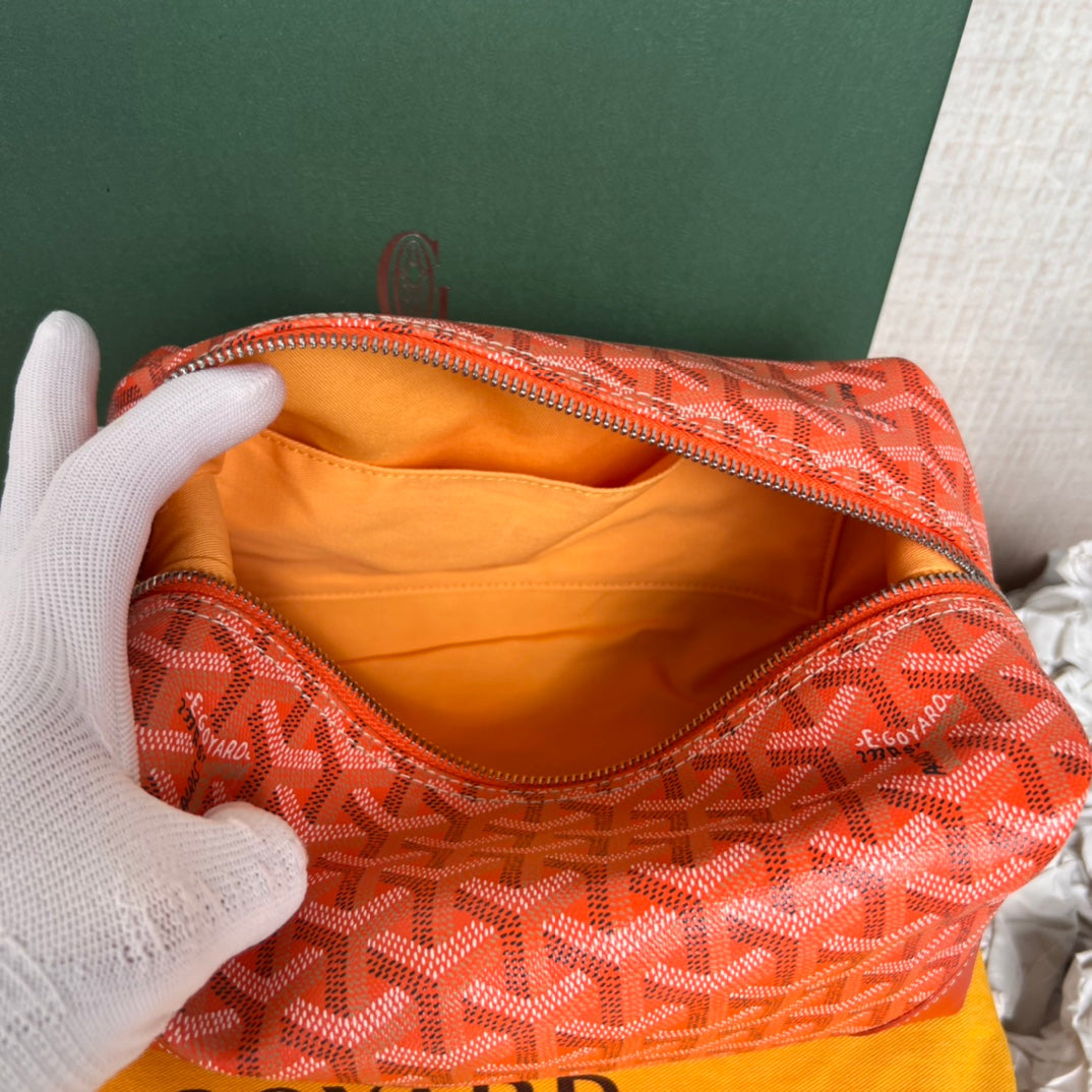 TROUSSE DE TOILETTE BOWLING 25 EN TOILE GOYARDINE ROUGE ORANGE ET CUIR DE VEAU