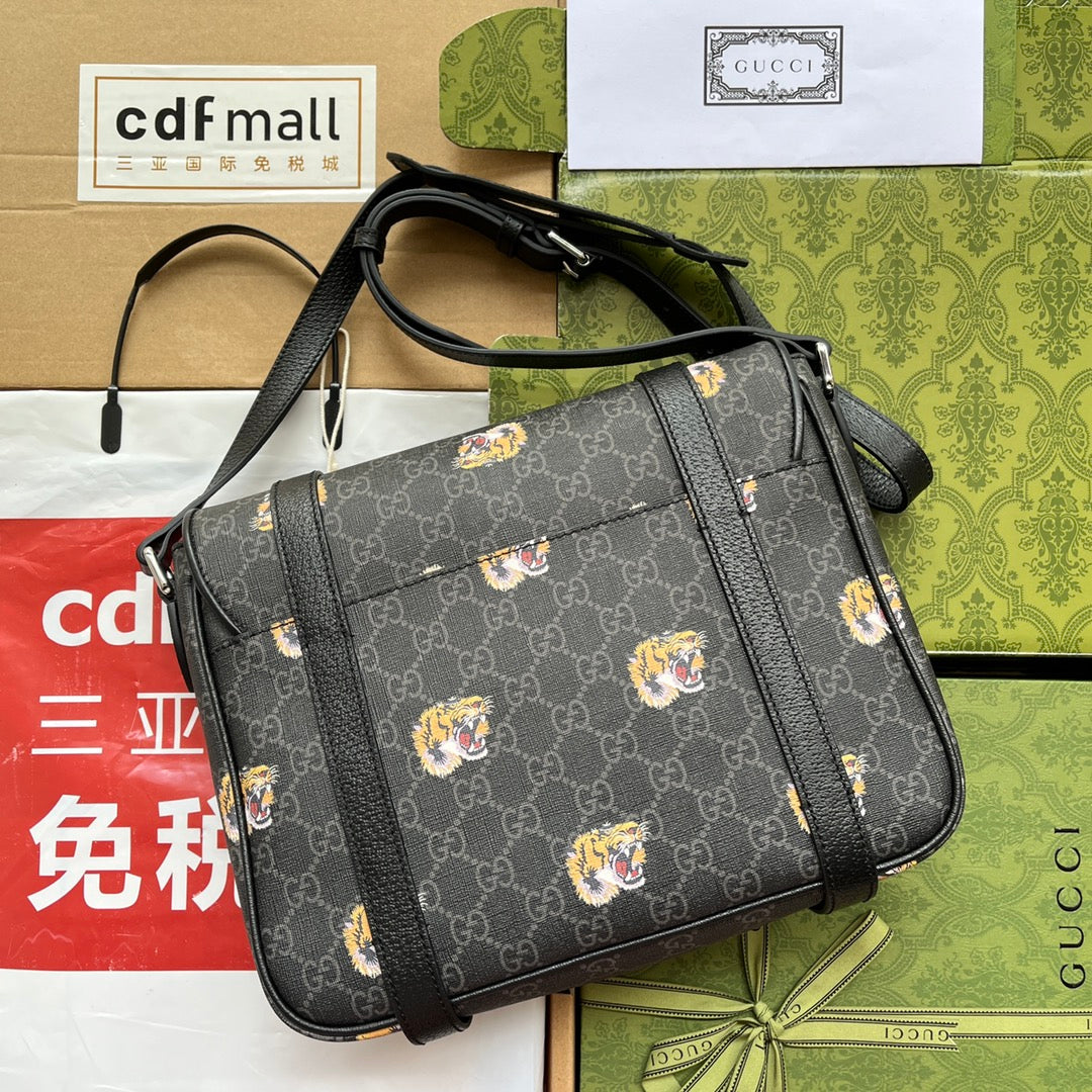 SAC MESSAGER IMPRIMÉ TIGRE 28 EN TOILE NOIRE ET BORDURE EN CUIR