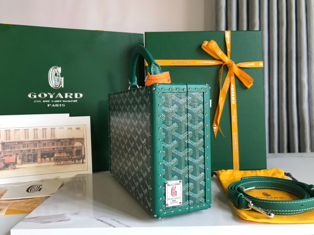 BOLSO BAÚL GRAND HÔTEL 24 EN LONA GOYARDINE VERDE Y PIEL DE BECERRO