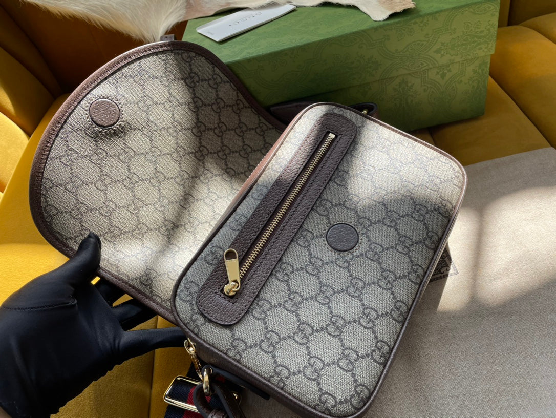 BOLSO GG OPHIDIA PEQUEÑO 23 EN LONA SUPREMA BEIGE Y ÉBANO