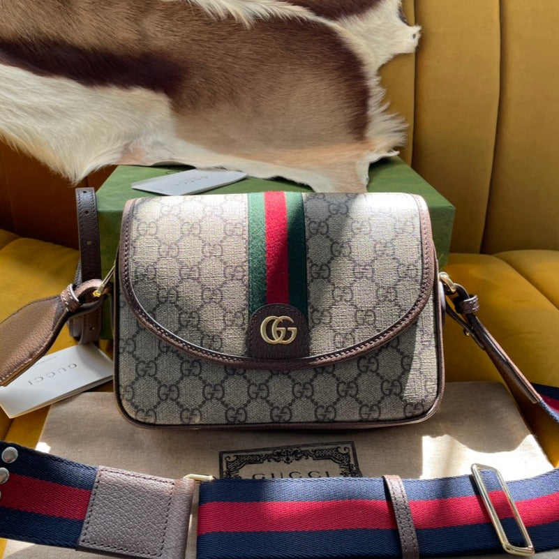 BOLSO GG OPHIDIA PEQUEÑO 23 EN LONA SUPREMA BEIGE Y ÉBANO