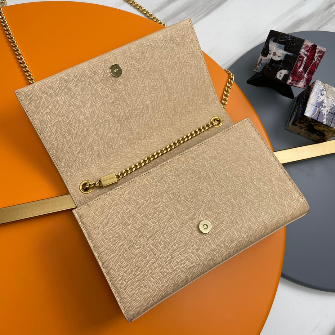 Kate Medium 24 cm en cuir de veau grainé beige avec finitions dorées