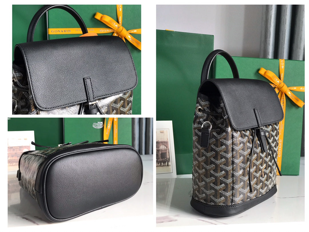 MOCHILA ALPIN MINI 21 EN PIEL DE CORDERO NEGRA Y LONA GOYARDINE