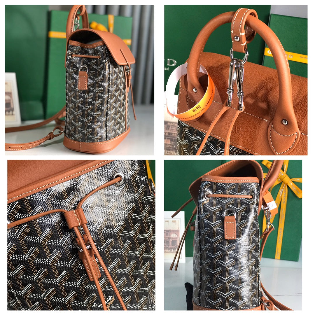 MOCHILA ALPIN MINI 21 EN PIEL DE CORDERO COLOR MARRÓN Y LONA GOYARDINE NEGRA