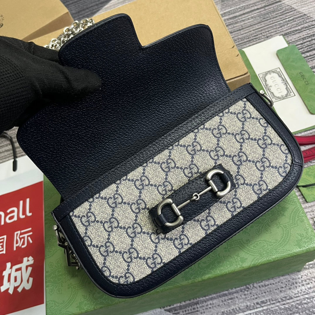 BOLSO GG HORSEBIT 1955 24 EN LONA BEIGE Y PIEL DE BECERRO NEGRA